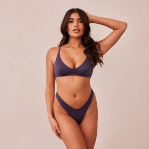 Ribbed Triangle Bra & Thong/Briefs Set - Charcoal Blue