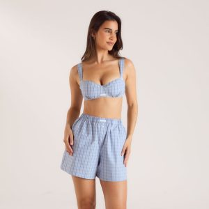 Checked Cotton Bralette - Blue