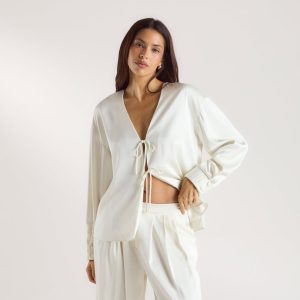 Mimi Long-Sleeved Satin Tie Shirt - Cream