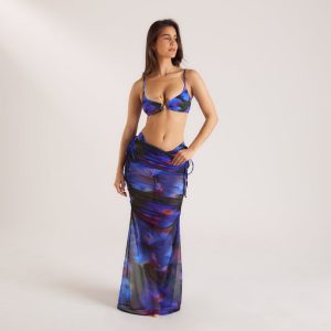 Midnight Tropics Printed Mesh Maxi Skirt - Midnight Blue