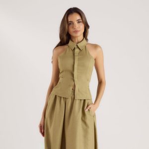 Linen Blend Halter Top - Pistachio