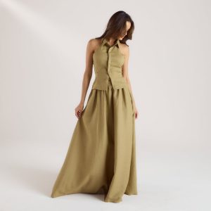 Linen Blend Maxi Skirt - Pistachio